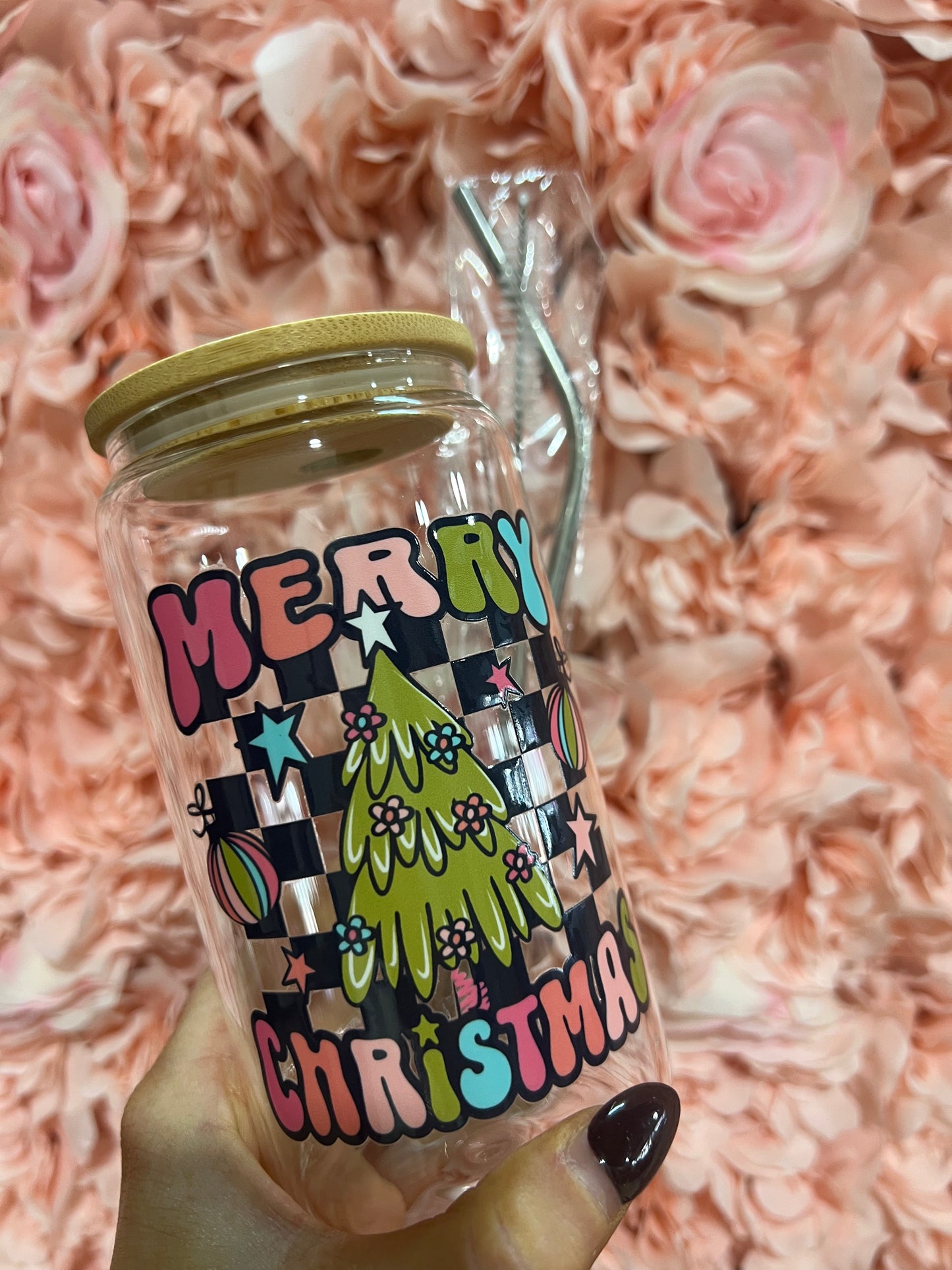 Retro Merry Christmas Glass Cup