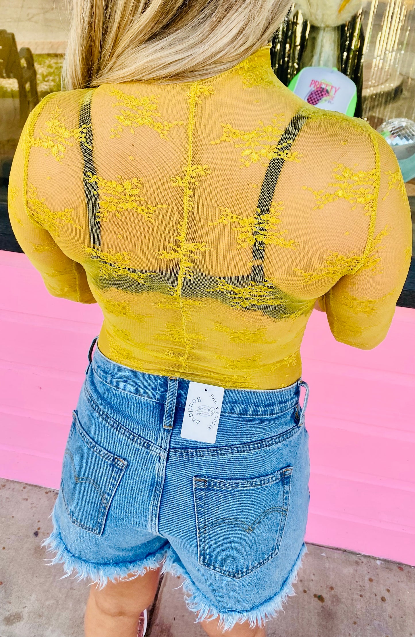 Mustard Yellow Lace Mesh Top