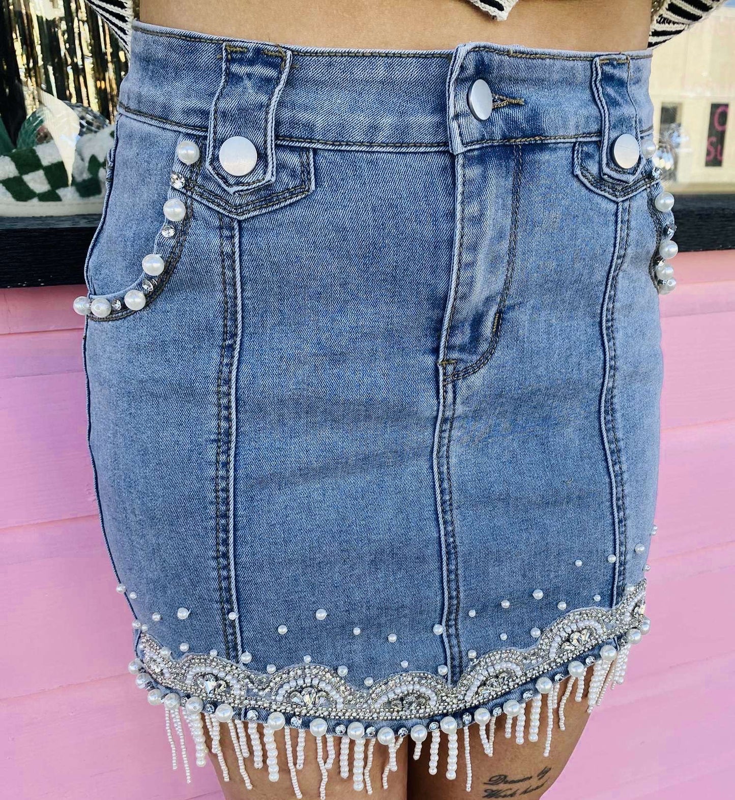 Denim Pearl Fringe Mini Skirt