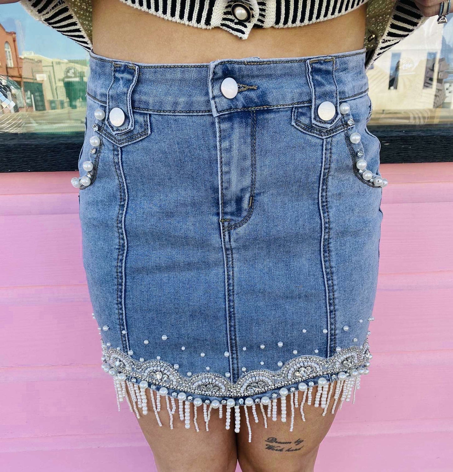 Denim Pearl Fringe Mini Skirt