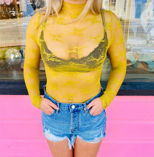 Mustard Yellow Lace Mesh Top