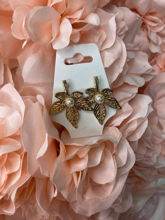 Gold Flower Pearl Stud Earrings