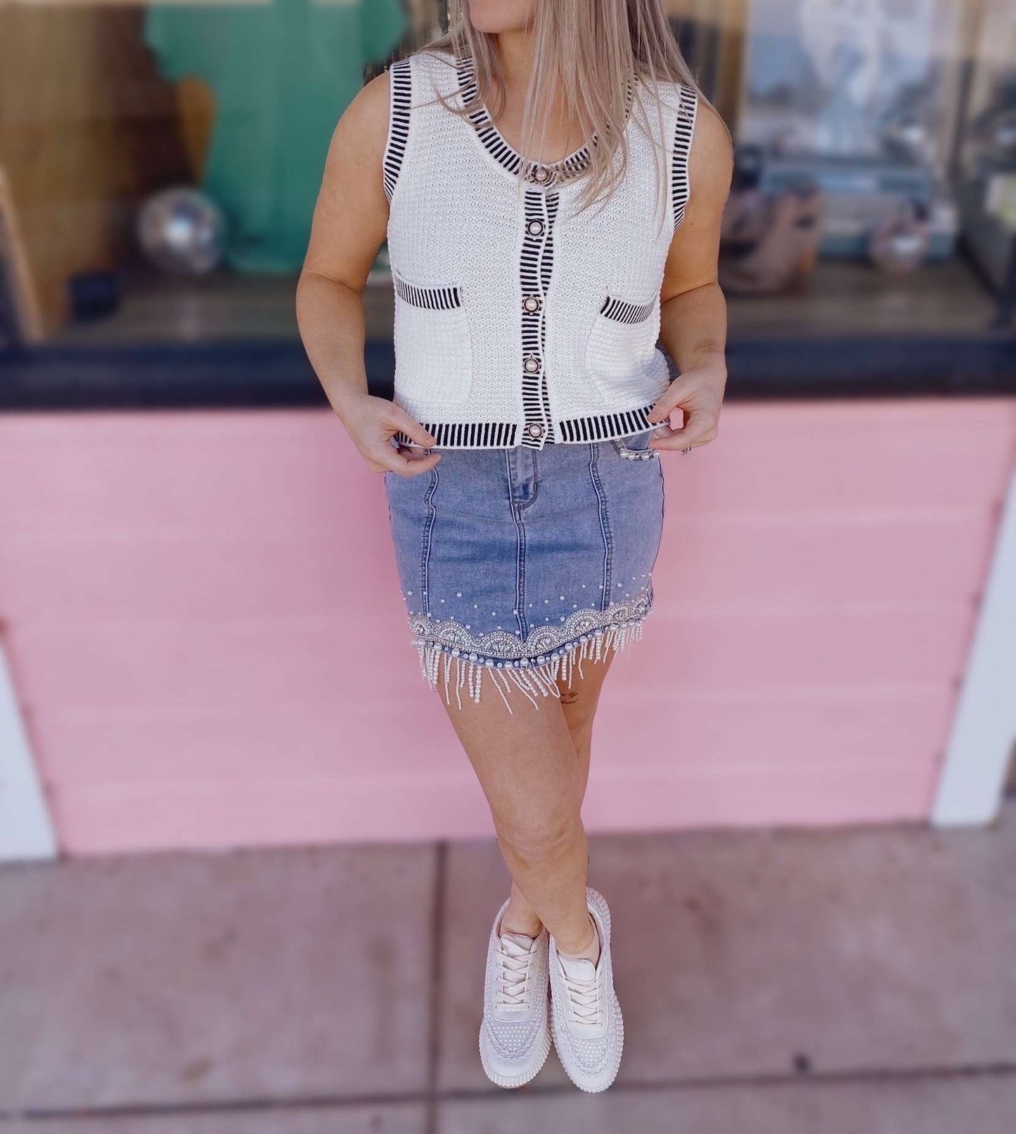 Denim Pearl Fringe Mini Skirt