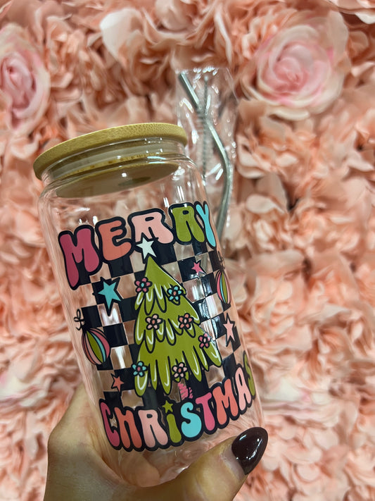 Retro Merry Christmas Glass Cup